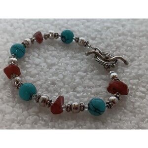 Artisan Turquoise & Red Jasper Sterling Silver Bracelet 6 in Toggle Clasp
